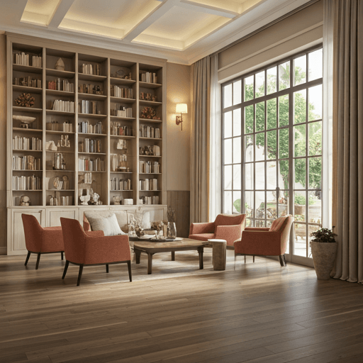 Bahçeye bakan, kitaplık duvarlı butik sosyal salon